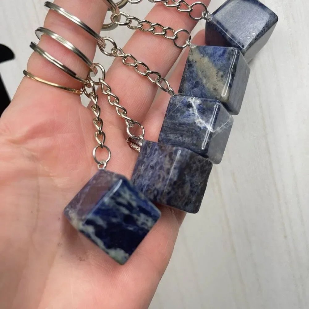 Lapis Lazuli cube keychain key ring pendant chain NEW hand crafted